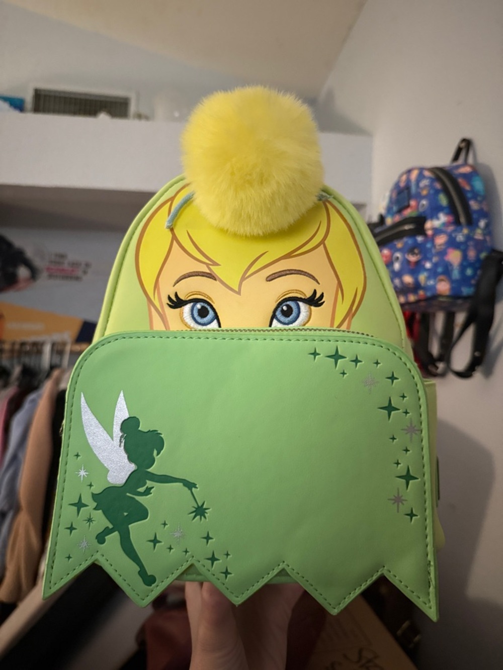 Loungefly Tinker Bell Green and Yellow Kids Backpack with Yellow Pom-Pom